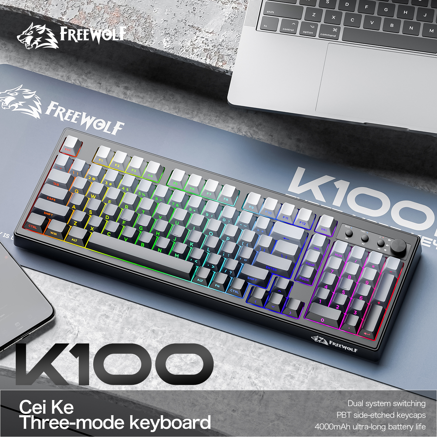 Gaming Keyboard Ergonomic - FREEWOLF k100 three-mode silent gaming keyboard,
