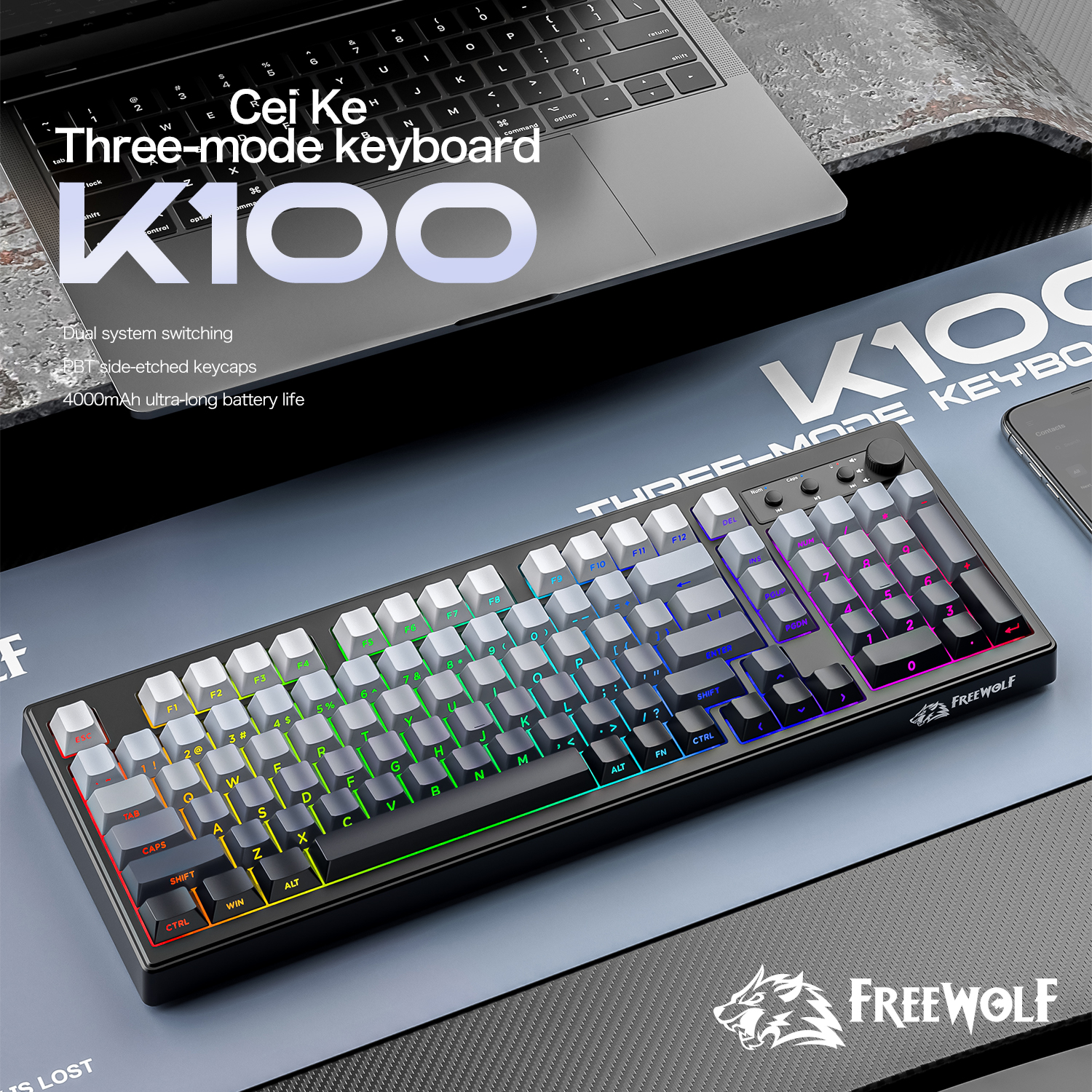FREEWOLF k100 three-mode silen - Gaming Keyboard Ergonomic ulasan dan harga