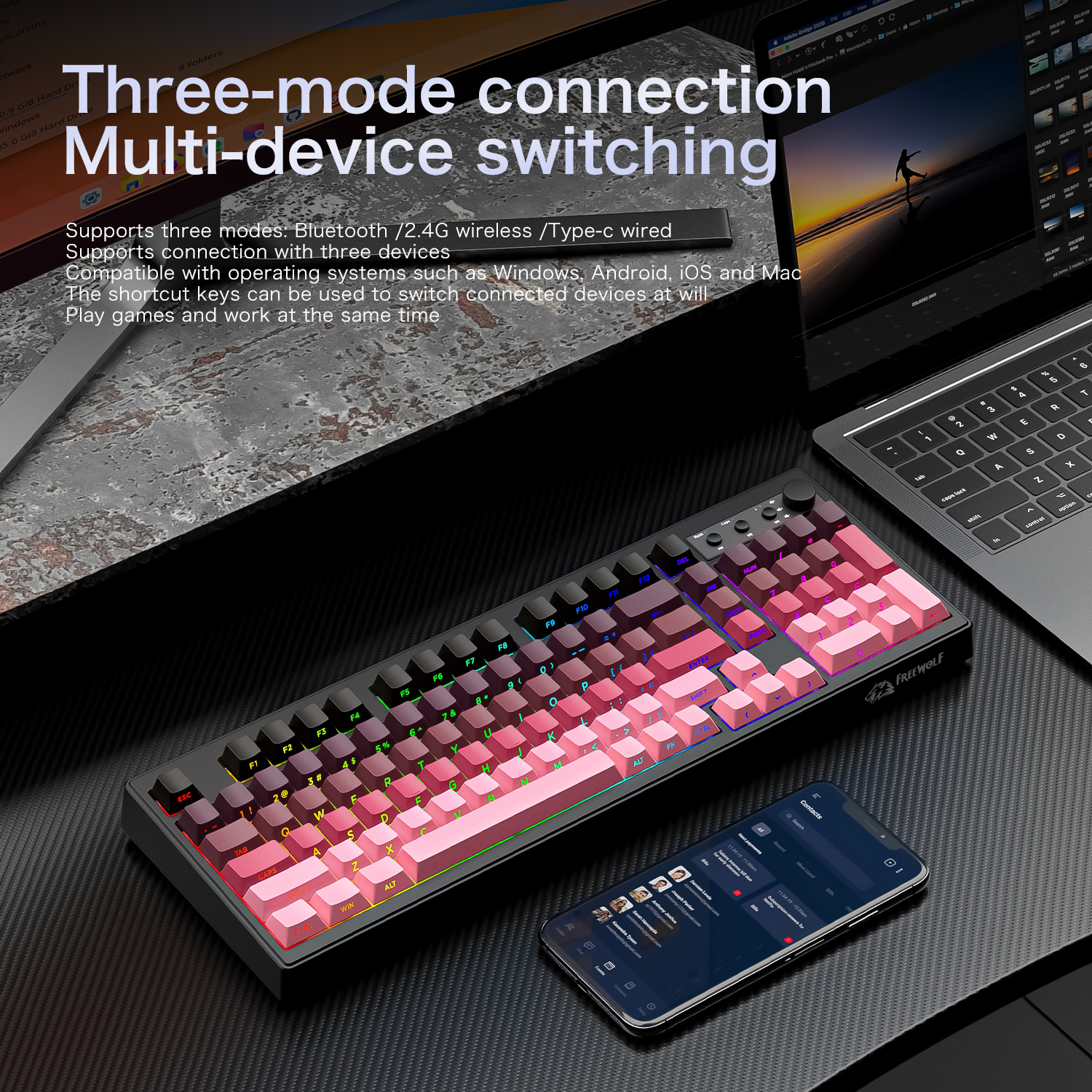 FREEWOLF k100 three-mode silen - Gaming Keyboard Ergonomic ulasan dan harga